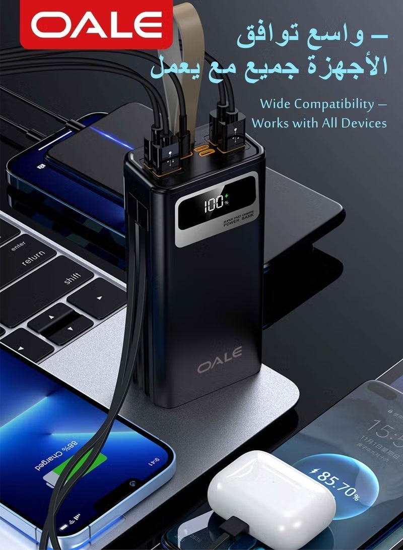 OALE iPower P30000 Power Bank with 2 cables – 22.5W Fast Charging, 4 USB &1 Type-C PD Ports, 2 Built-in Cables(Lightning&Type-C)LED Light, Portable Charger for Camping & Multi-Device Use | Black - Image 5